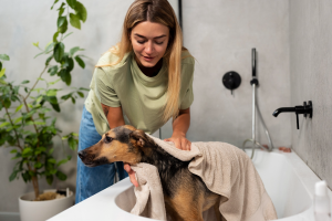 Perro recibiendo un servicio de baños para perros