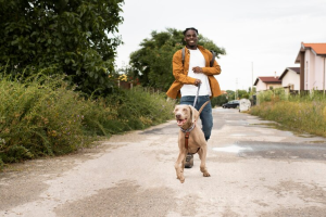 Paseador de perros corriendo con un gran perro marrón - Cuidador de perros precios