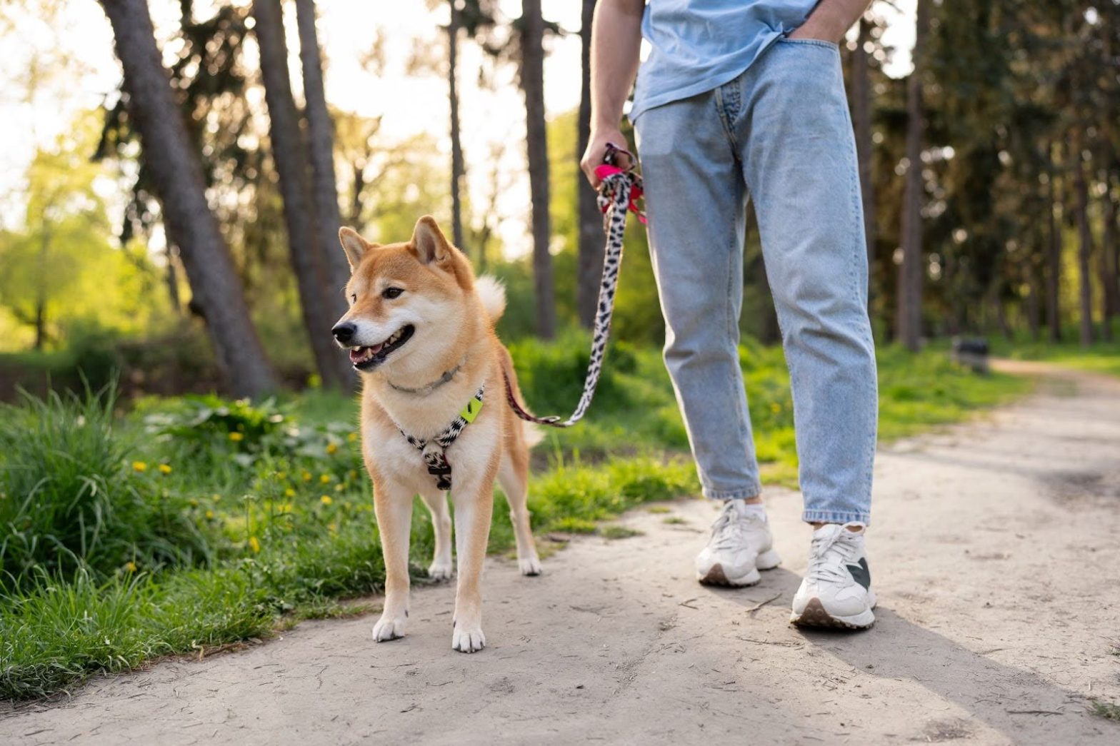 Cuidador de perro junto a un Shiba.