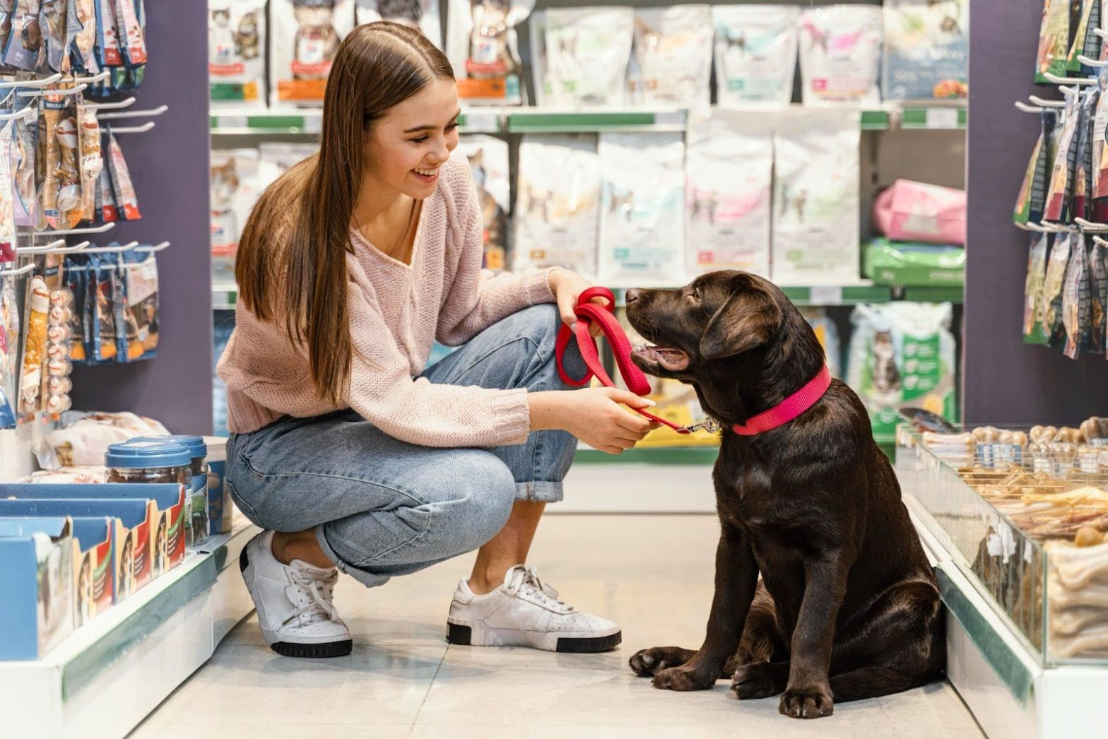 Persona con un perro en una pet shop en Panamá.